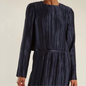Tibi Plisse Pleated Navy Long Sleeve Blouse